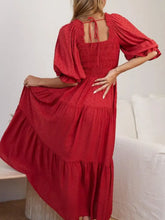 Red Swiss Dot Square Neck Tiered Midi Dress Casual Dresses