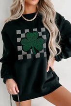 Rhinestone Checkered Lucky Clover Round Neck Sweatshirt Black Woman Sweatshirts