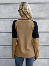 Womens Two Tone Long Sleeve Round Neck Henley Top Woman T Shirts