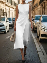 Round Neck Sleeveless Midi Sheath Dress White Woman Casual Dress