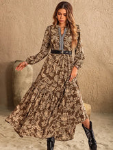 Ruched Printed Notched Long Sleeve Maxi Dress Taupe Woman Maxi Dress