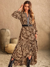 Ruched Printed Notched Long Sleeve Maxi Dress Woman Maxi Dress