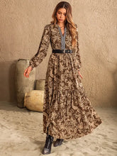 Ruched Printed Notched Long Sleeve Maxi Dress Woman Maxi Dress