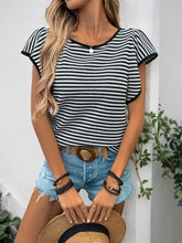 Ruffled Round Neck Striped Knit Top with Flutter Sleeves for Women Black Woman T Shirts