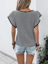 Ruffled Round Neck Striped Knit Top with Flutter Sleeves for Women Woman T Shirts