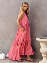 Ruffled Sleeveless Tiered Maxi Dress with Pockets Maxi Dresses