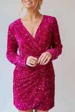 Sequin Surplice Long Sleeve Mini Dress Deep Rose Cocktail Dress