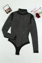 Sheer Black Long Sleeve Rhinestone Studded Bodysuit Woman Bodysuits