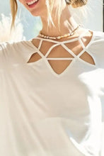 Silky Knit White Top with Geometric Cutout Neckline Woman T Shirts