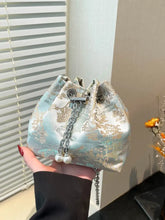 Silver Floral Brocade Bucket Bag with Pearl Accents Light Green One Size Shoulder Bags