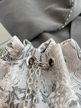 Silver Floral Brocade Bucket Bag with Pearl Accents Shoulder Bags