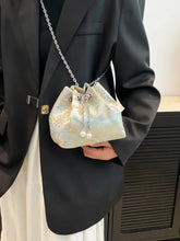 Silver Floral Brocade Bucket Bag with Pearl Accents Shoulder Bags