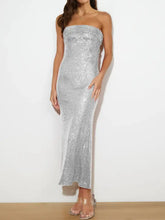 Silver Sequined Strapless Maxi Dress Silver Maxi Dresses
