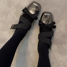 Silver Square-Toe Ballet Flats with Black Ribbon Straps and Bows Silver Woman Loafers