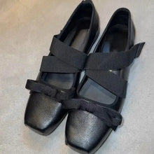Silver Square-Toe Ballet Flats with Black Ribbon Straps and Bows Woman Loafers