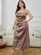 Sleeveless Satin Cowl Neck Maxi Dress with Lace Up Back and Side Split Dresses