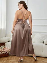 Sleeveless Satin Cowl Neck Maxi Dress with Lace Up Back and Side Split Dresses