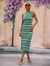 Sleeveless Striped Knit Midi Dress with Round Neck Green Swimwear Cover-Ups