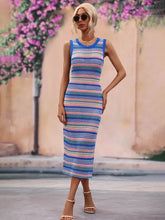 Sleeveless Striped Knit Midi Dress with Round Neck Swimwear Cover-Ups