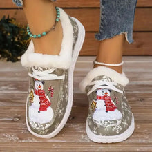 Snowman Fuzzy Slippers for Women Faux Fur Canvas Flats Khaki Woman Loafers