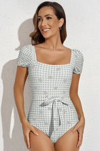 Square Neck Gingham Floral One Piece Swimsuit Sleeveless Swimwear Swimwear