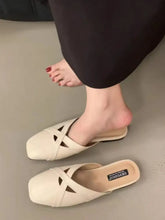 Square Toe Criss Cross Mule Loafers for Women Beige Woman Loafers