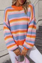 Striped Knit Sweater with Round Neck and Long Sleeve Length Sweater Pullovers