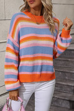 Striped Knit Sweater with Round Neck and Long Sleeve Length Sweater Pullovers