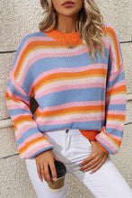 Striped Knit Sweater with Round Neck and Long Sleeve Length Sweater Pullovers