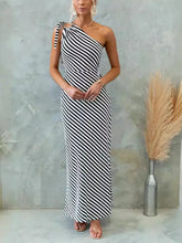 Striped One Shoulder Asymmetrical Maxi Dress Black Evening Dresses