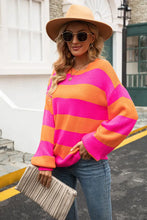 Pink and Green Striped Sweater with Balloon Sleeve Long Sleeve Length Sweater Pullovers