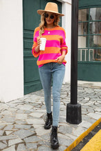 Pink and Green Striped Sweater with Balloon Sleeve Long Sleeve Length Sweater Pullovers
