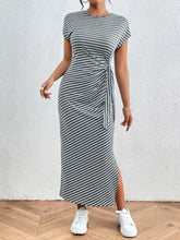 Striped Tie Waist Maxi Dress with Side Slit Gray Maxi Dresses