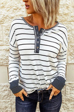 Striped Waffle Knit Henley Long Sleeve Top Woman T Shirts
