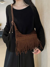 Suede Fringe Shoulder Bag Medium Brown or Black Dark Brown One Size Shoulder Bags