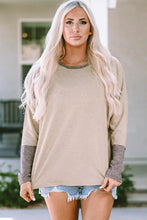 Tan and Gray Color Block Long Sleeve Length Round Neck Top for Women Tan Woman T Shirts