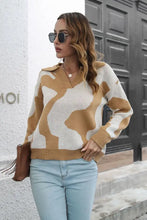 Tan and White Patterned Sweater with Johnny Collar and Regular Sleeve Length Sweater Pullovers