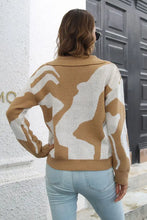 Tan and White Patterned Sweater with Johnny Collar and Regular Sleeve Length Sweater Pullovers