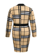 Tan Plaid Dress with Black Belt and Plaid Sleeves Evening Dresses