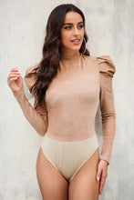 Tan Puff Sleeve Top with Black Mini Skirt Woman Bodysuits