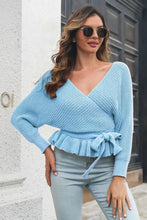 Tan Wrap Sweater with Tie Waist and Long Sleeve Length Light Blue Sweater Pullovers