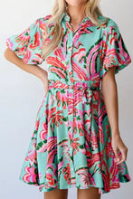 Turquoise Floral Button Down Mini Dress with Tie Waist Casual Dresses