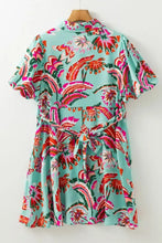Turquoise Floral Button Down Mini Dress with Tie Waist Casual Dresses