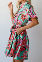 Turquoise Floral Button Down Mini Dress with Tie Waist Casual Dresses