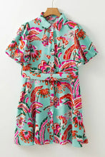 Turquoise Floral Button Down Mini Dress with Tie Waist Casual Dresses