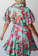 Turquoise Floral Button Down Mini Dress with Tie Waist Casual Dresses