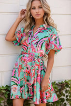 Turquoise Floral Button Down Mini Dress with Tie Waist Floral Casual Dresses