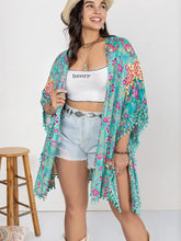 Turquoise Floral Kimono Swim Cover-Up with Pom-Pom Trim Swimwear Cover-Ups