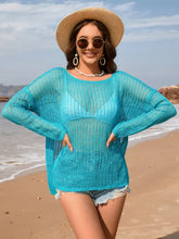 Turquoise Knit Beach Cover-Up for Women Semi-Sheer Mesh Sweater Aqua Swimwear Cover-Ups