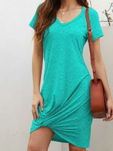 Turquoise V-Neck T-Shirt Dress with Twisted Knot Detail Casual Dresses
